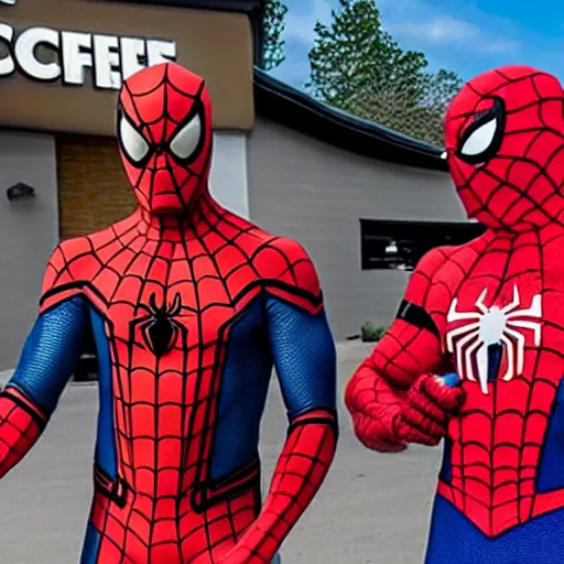 Image similar to Spider-Man & Knuckles ordering a large bucket of KFC chicken at Starbucks