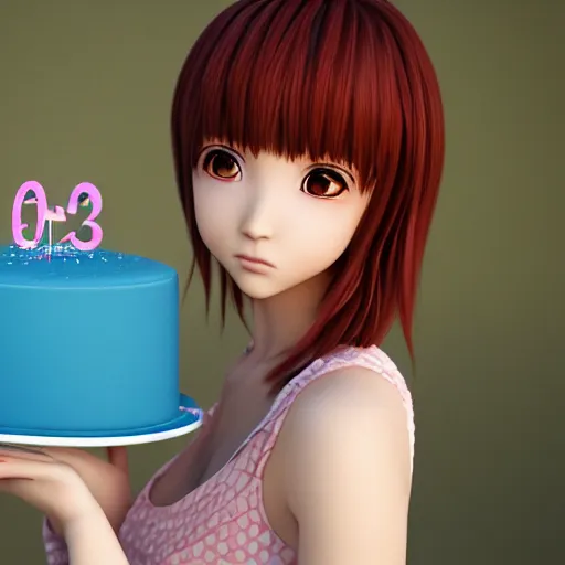 Image similar to Render of a beautiful 3d anime woman holding a birthday cake to show the camera, long light pink hair, full bangs, hazel eyes, cute freckles, full round face, soft smile, Chinese heritage, cute checkerboard sundress, golden hour, serene beach setting, medium shot, mid-shot, hyperdetailed, trending on Artstation, Unreal Engine 4k