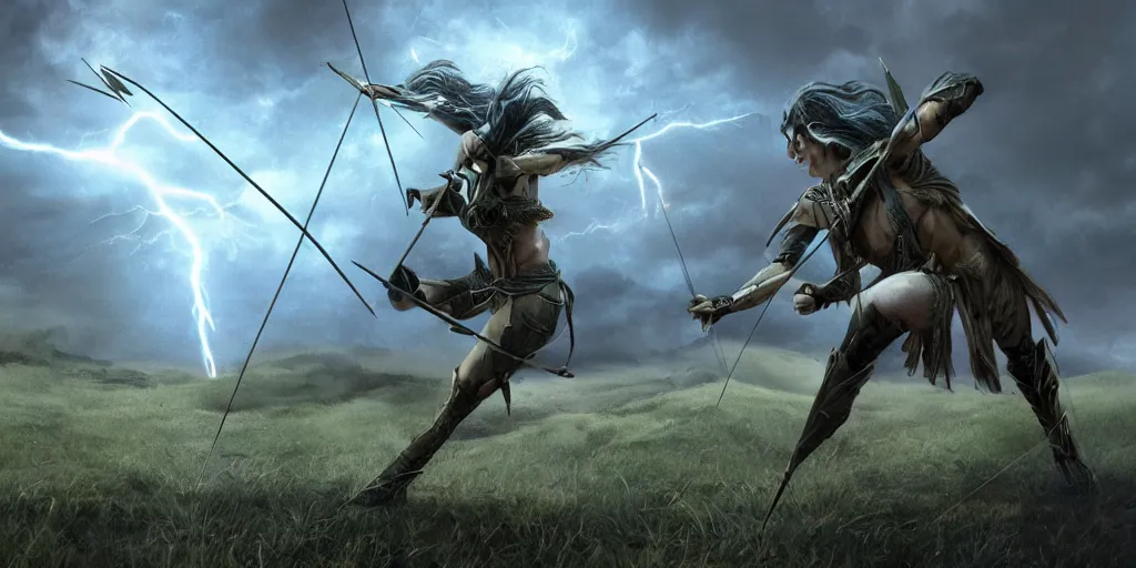 Image similar to lighting strike's archers arrow , fantasy world, realistic, sci-fi, landscape, character design, concept art,