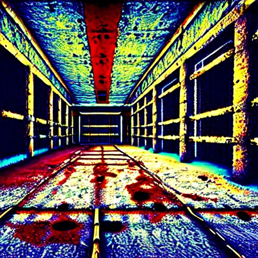 Image similar to underground prison, corroded metal bars, concrete, colorful tapestries, rugs, concept art