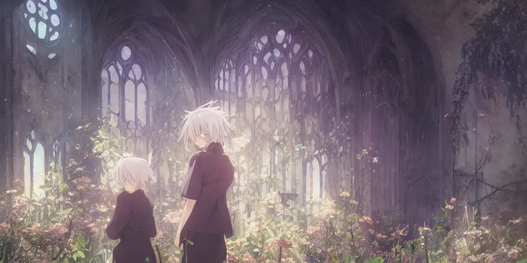 Image similar to anime kyoto animation key by greg rutkowski night, single white hair girl from behind, in abandoned chapel with overgrown flowers and plants