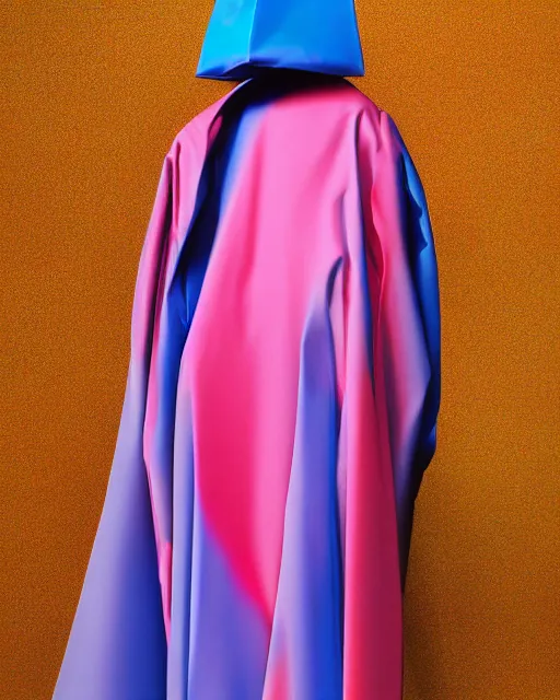 Prompt: an award winning fashion photograph of Balenciaga's techno-monk cloak by Catherine Opie and Demna Gvasalia, cyberpunk, futuristic, Bladerunner 2049, dazzle camouflage!, chromatic, pearlescent, prismatic, dayglo pink, dayglo blue