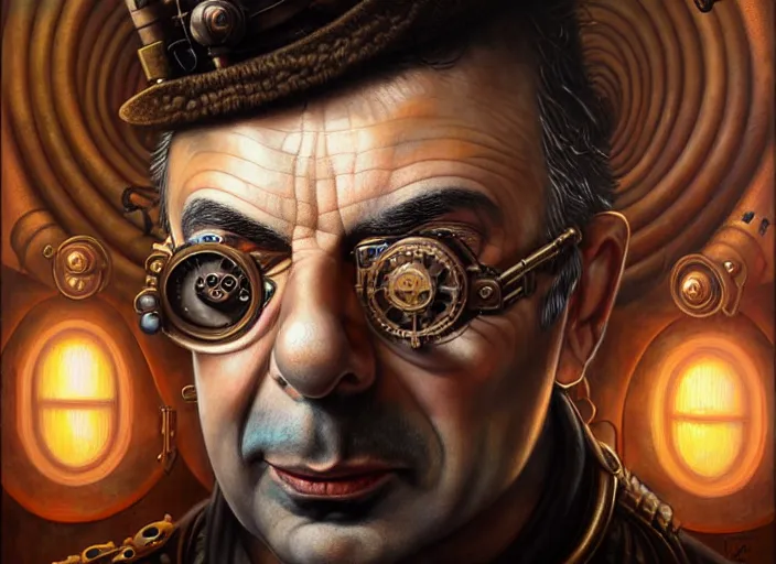 Image similar to steampunk portrait of rowan sebastian atkinson, fractal background, by tomasz alen kopera and peter mohrbacher