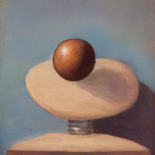 Prompt: impressionist painting of a spherical boulder on a pedestal with a match stick in its side, brown background