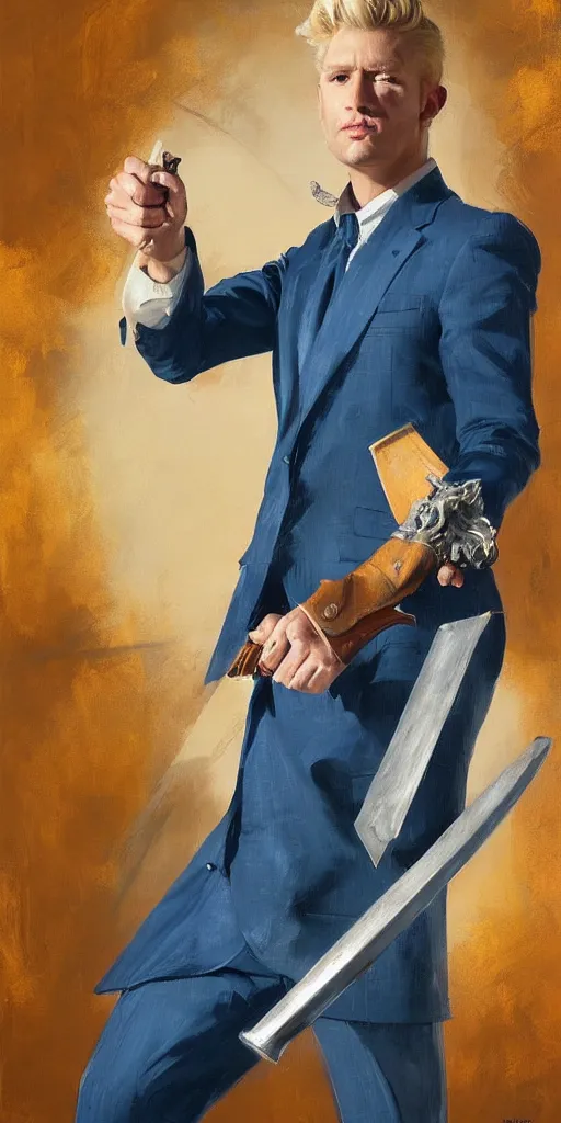 Image similar to greg manchess portrait painting of a blond man in a blue suit with a sword and a pistol, asymmetrical, profile picture, organic painting, sunny day, matte painting, bold shapes, hard edges, street art, trending on artstation, by huang guangjian, gil elvgren, ruan jia, randy vargas, greg rutkowski