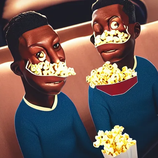 Image similar to hyper realistic, two headed human eating popcorn at the cinema