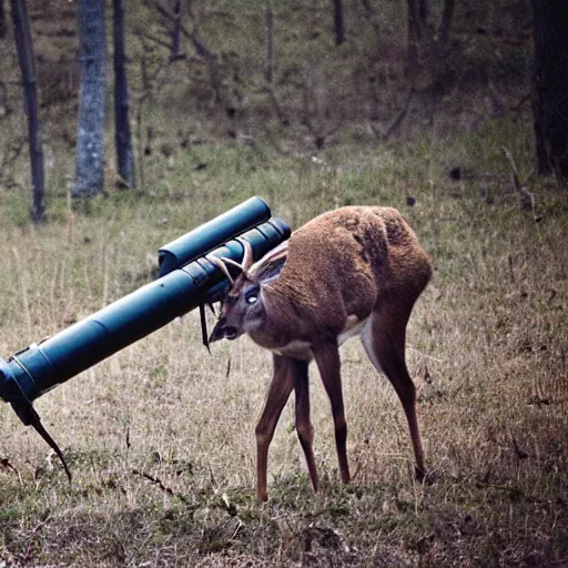 Image similar to a rocket launcher explosive deer military animal beast, huge, powerful, rocket, launcher, scary, anger, rage, canon eos c 3 0 0, ƒ 1. 8, 3 5 mm