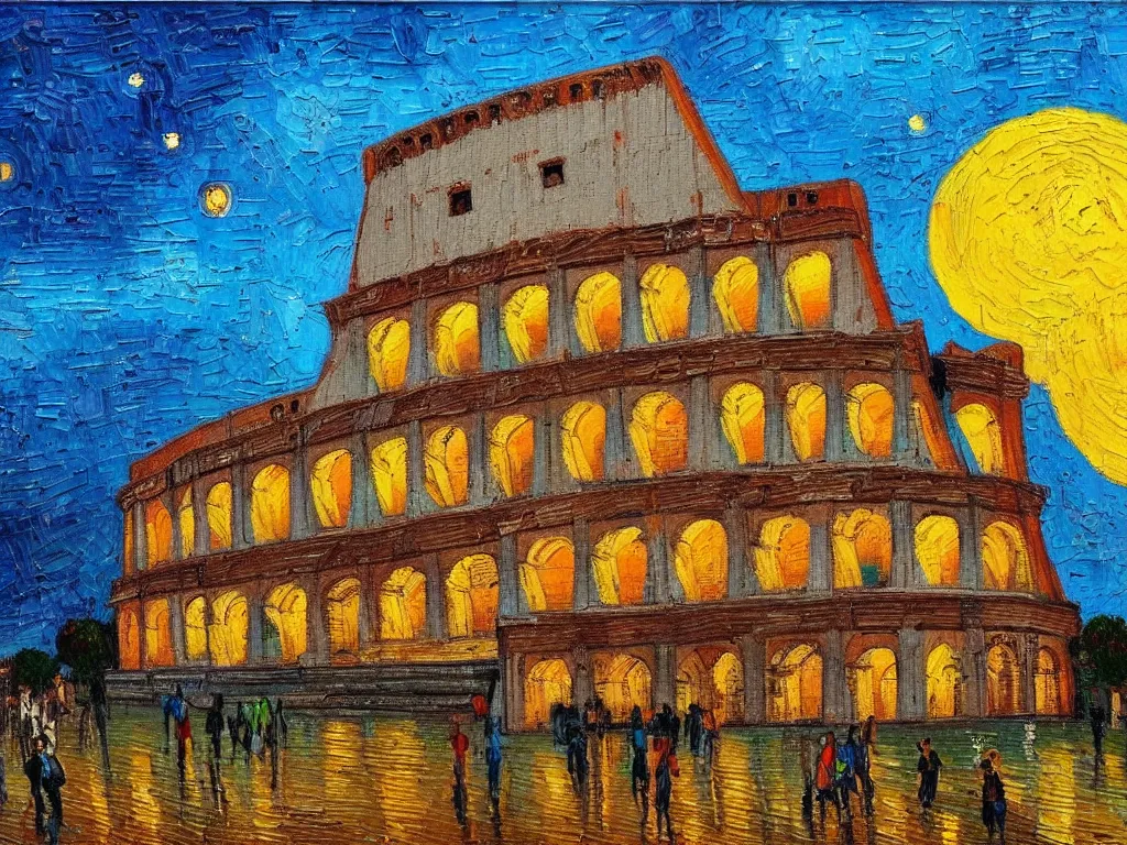 Prompt: trending on artstation, the Colosseum during sunset, oil on canvas, in the style of Vincent van Gogh