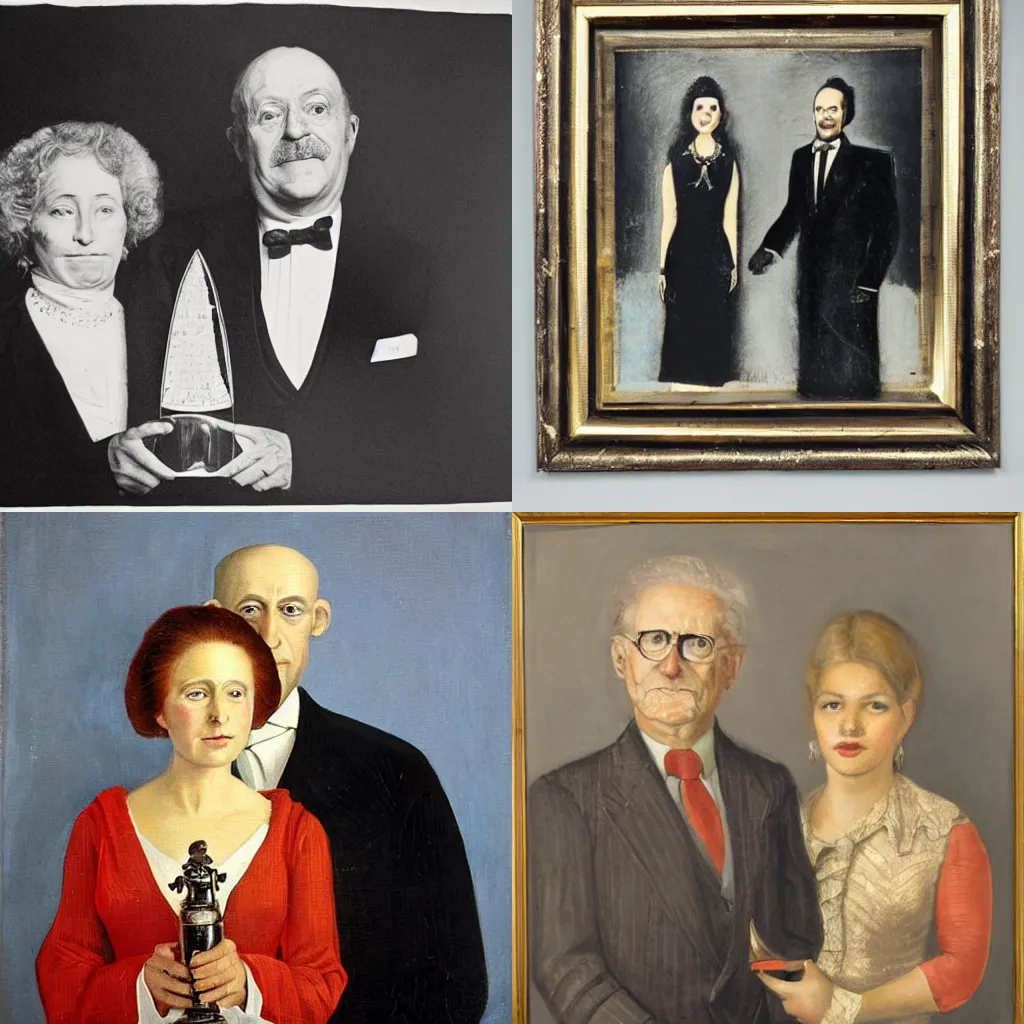 Prompt: prize winning portrait of very old media baron with his trophy wife, fine art