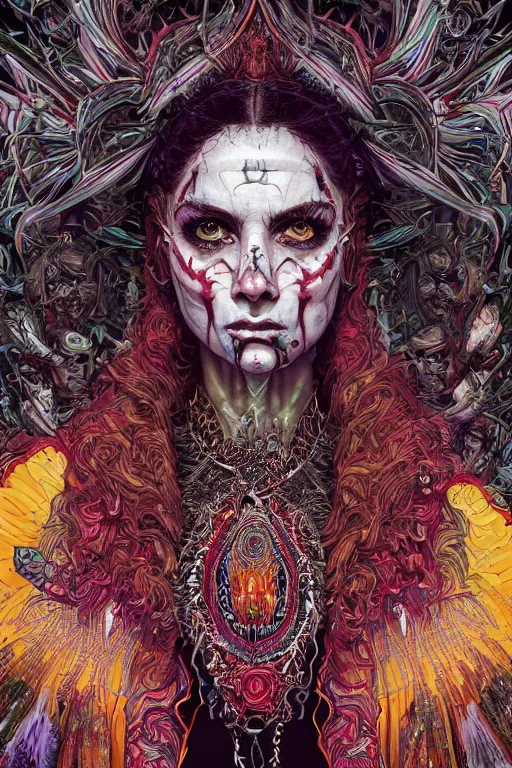 Prompt: vibrant ultra clear portrait of cult ritual witch by sandra chevrier laurie greasley gustave dore, jason a engle, wired organics, psychedelic energy waves, low contrast, cinematic dramatic lighting, hyper realistic detailed intricate render, hypermaximalist, ornate, epic composition, 4 k 8 k, cryengine octane, sharp focus, masterpiece