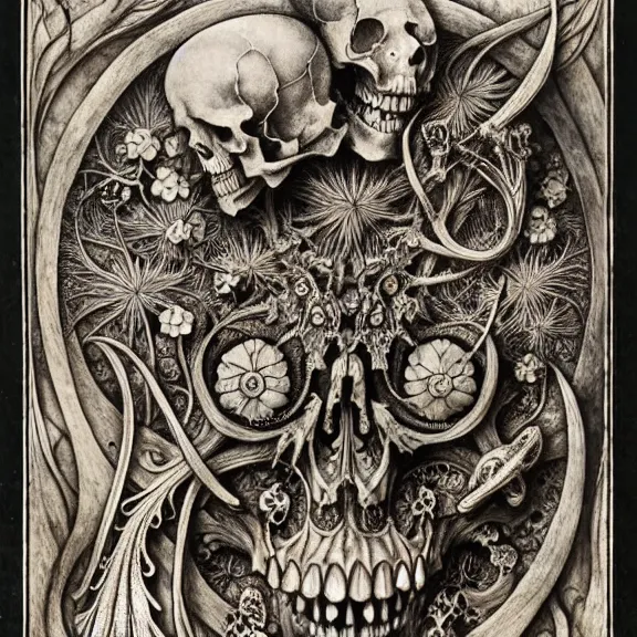 Image similar to memento mori by arthur rackham, art forms of nature by ernst haeckel, exquisitely detailed, art nouveau, gothic, ornately carved beautiful skull dominant, intricately carved antique bone, art nouveau botanicals, ornamental bone carvings, art forms of nature by ernst haeckel, horizontal symmetry, arthur rackham, ernst haeckel, symbolist, visionary