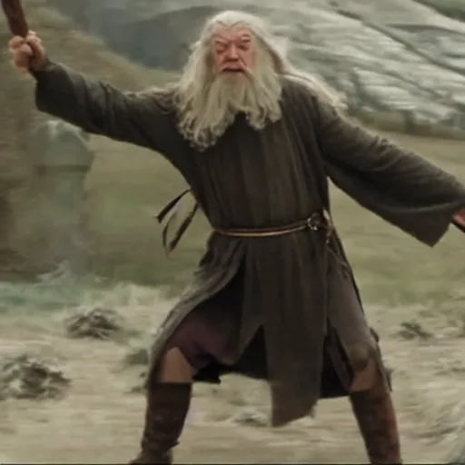 Image similar to movie still of gandalf dabbing as he comes to the rescue of helm's deep