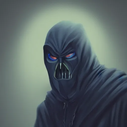 Prompt: award - winning. trending on artstation. 4 k. eerie tone. a mouthless shadowy figure wearing a hooded cape made of the night sky with 1 5 dark blue glowing eyes on its face and rows of teeth on its chest. full - body. portrait.
