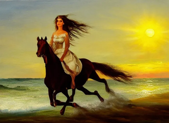 Prompt: a very very very beautiful woman with green eyes and brown, long hair and long dress blowing in the wind, riding a galloping horse on a beach, sunset, incredibly fast, dramatic lighting, high contrast, ultra clear and detailed, 1 8 5 0 oil on canvas