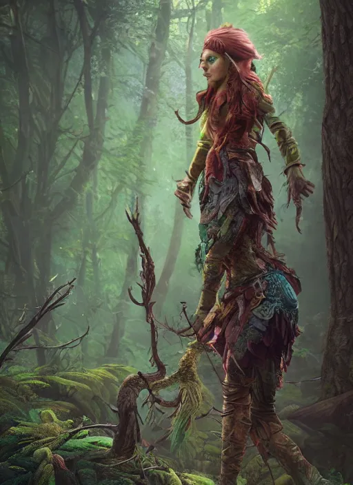 Image similar to detailed full body concept colorful fantasy painting of a forest huntress, cinematic lighting, hyperdetailed, 8k, high resolution, insanely detailed and intricate, octane render