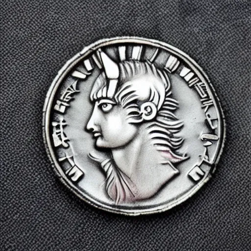 Prompt: !!!!!twilight sparkle!!!!! on a roman denarius coin. MLP:FIM. depiction of unicorn with short muzzle, big eyes, mane. Realistic silver coin. orichalcum