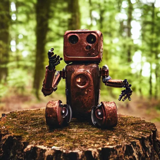 Prompt: rusty robot with a human arm, sitting on a stump in the forest, high quality photo, sigma 5 5 mm