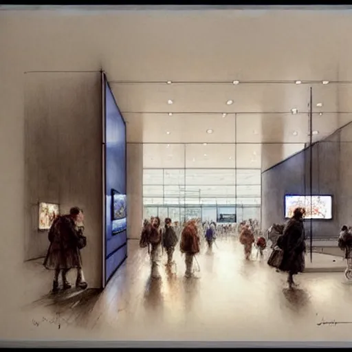 Prompt: (((2030s Interior of a Samsung Microsoft Apple flagship store muted colors.))) by Jean-Baptiste Monge !!!!!!!!!!!!!!!!!!!!!!!!!!!