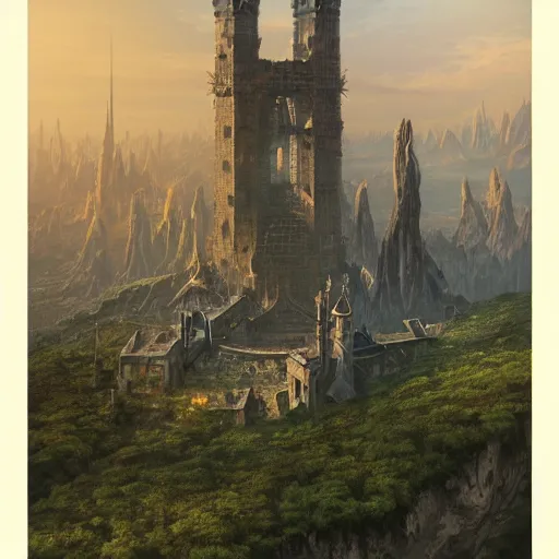 Image similar to an ultra detailed matte painting of a lonely and impossibly tall ominous dark tower elevated high above the city, on an isolated plateau island in a river elevated high above the city fortress tower, fantasy capital city, ultrawide lense, aerial photography, volumetric lighting, exquisite detail, 8 k, art by artgerm and greg rutkowski and alphonse mucha