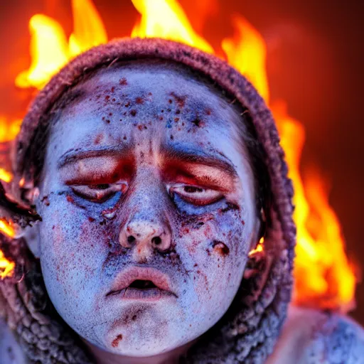 Prompt: portrait of a person who feels fear and agony while burning alive, 8k, highly detailed, photography