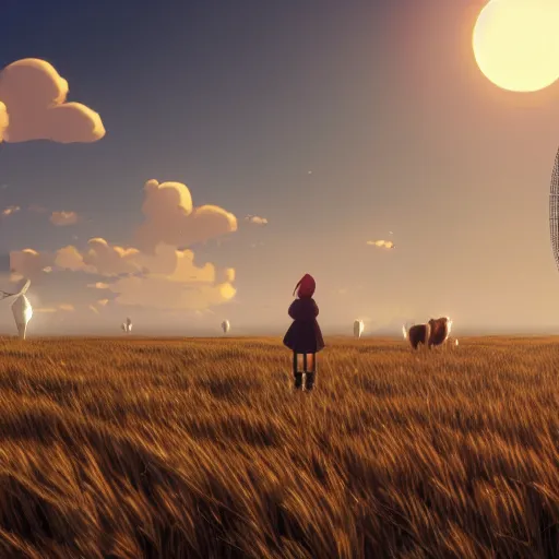 Prompt: a group of black - headed sheeps in a wheat field in front of a windmill by makoto shinkai and lois van baarle, ilya kuvshinov, rossdraws global illumination