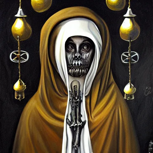 Prompt: beautiful painting of the acid witch nun surrounded by bells in the style of Welder Wings and H. R. Giger. Dark background, detailed, trending on Artstation