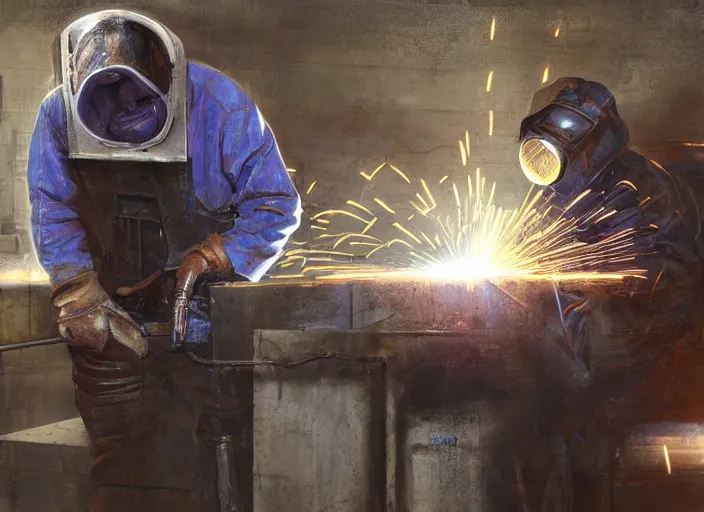 Prompt: welder with welding masks in subway, leaning forward, in the style of craig mullins