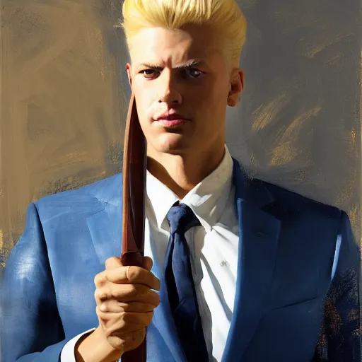 Prompt: greg manchess portrait painting of a blond man in a blue suit with a sword and a pistol, asymmetrical, profile picture, organic painting, sunny day, matte painting, bold shapes, hard edges, street art, trending on artstation, by huang guangjian, gil elvgren, ruan jia, randy vargas, greg rutkowski