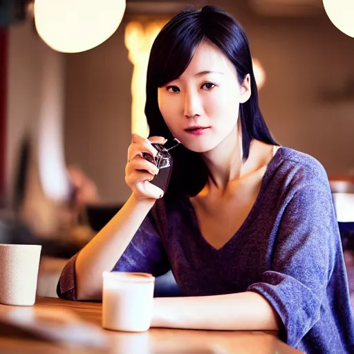 Image similar to chinese woman sitting at a table drinking juice out of a mason jar, award-winning, volumetric lighting, 8k, 4k, highly detailed, cinematic