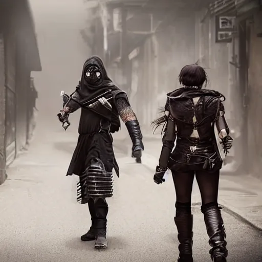 Image similar to rpg rogue walking in an alley, bandaged face, sharingan eyes, leather armour, fantasy