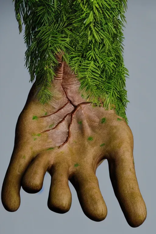 Image similar to hyper realistic beautiful detailed image of a human's palm hand with a tree growing on, white background, photorealistic, 4 k