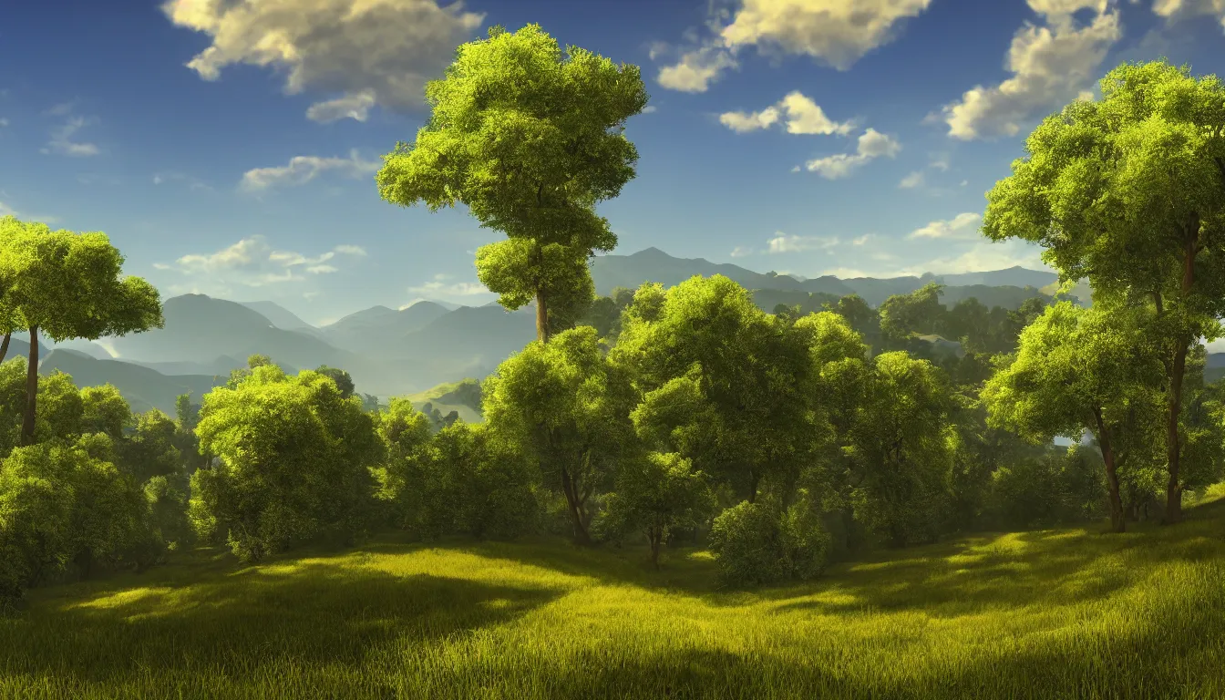 Image similar to Beautiful landscape with trees and hills in the distance, daylight and clear blue sky, trees blowing in the wind. digital art, very detailed, trending on artstation, 4K wallpaper