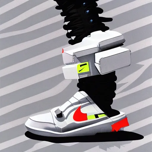 Image similar to retro futuristic Nike Air Mag x Off-white sneakers by syd mead, matte painting, geometric shapes