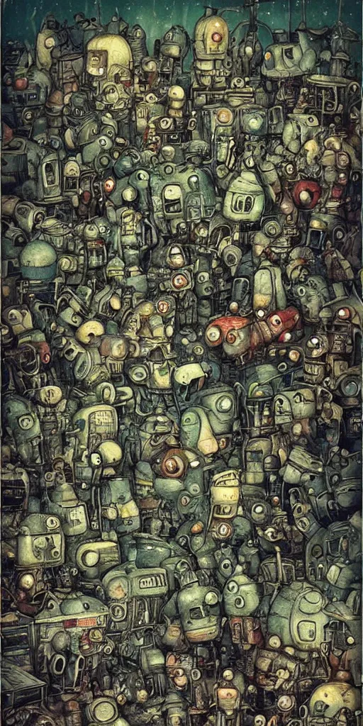 Image similar to a sci - fi junkyard scene by alexander jansson and where's waldo