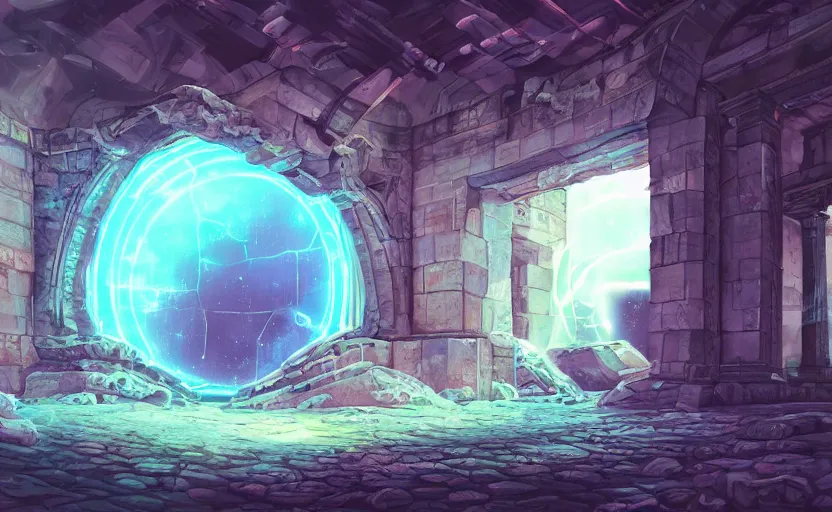 Image similar to a portal in the floor, ancient ruins, epic retrowave art, trending on art station