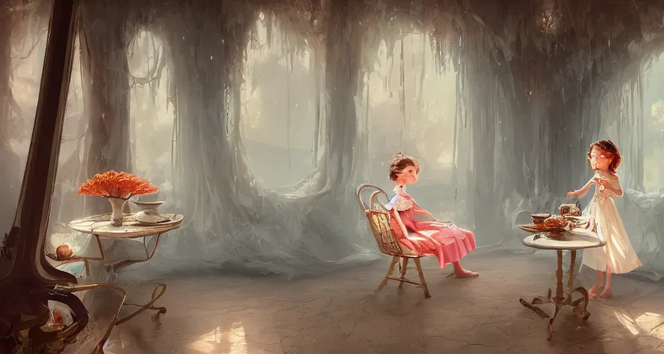 Prompt: a child girl in a white dress drinking tea in a room constructed out of warping tea cups by peter mohrbacher, vivid colors, matte painting, 8K, concept art, mystical color scheme, trending on artstation