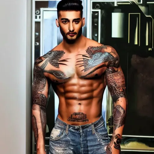 Prompt: a realistic detailed photo of a guy who is an attractive humanoid who is half robot and half humanoid, who is a male android, singer maluma, shiny skin, posing like a statue, blank stare, in a living room, on display, showing off his muscles