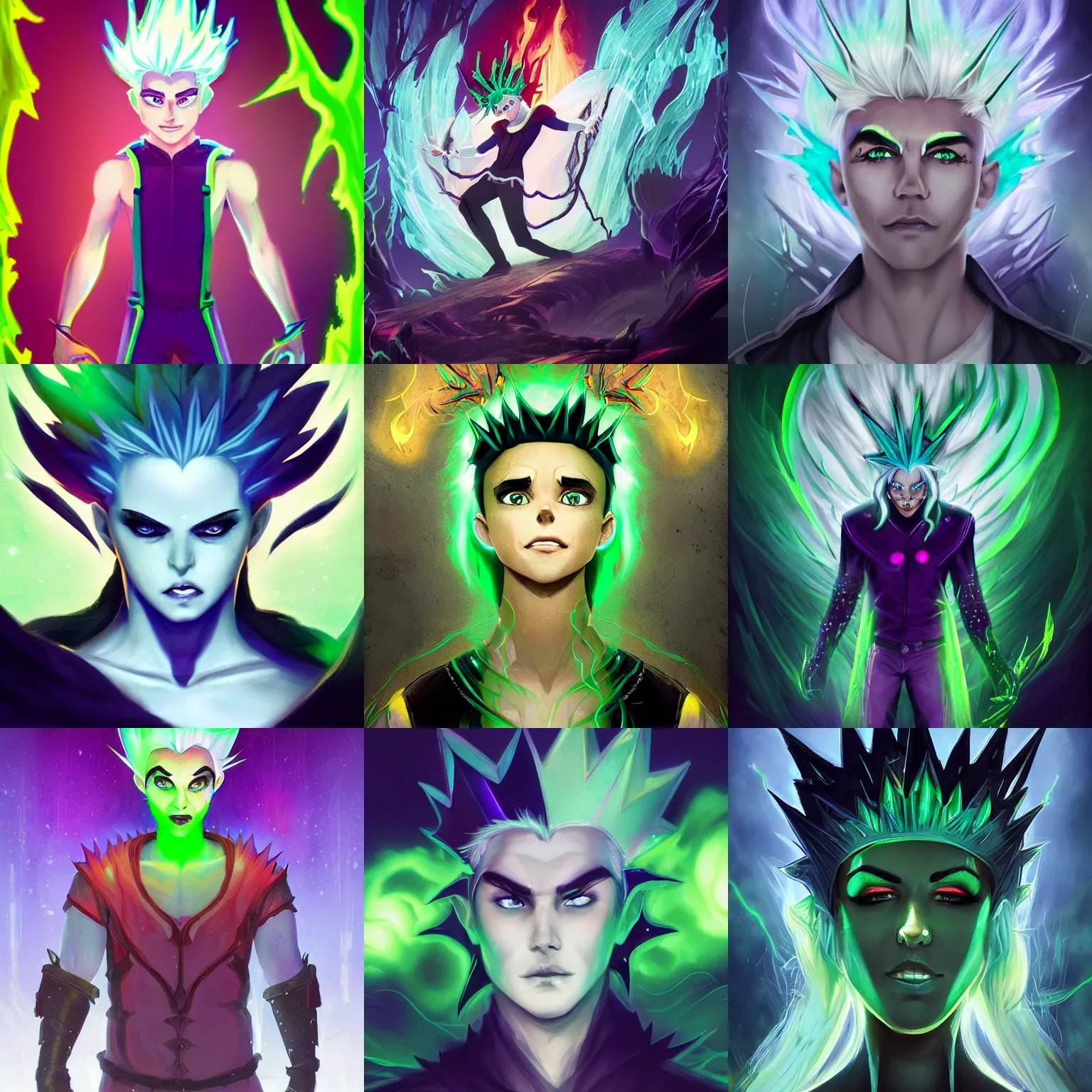 Prompt: King Danny Phantom with snow white hair and glowing green eyes, Floating Flaming Crown, pointy sharp teeth fangs alt art fashion, A digital matte intricate illustration concept art inspired by Charlie Bowater and WLOP and Mark Arian and Ross Tran + neon colors, symmetry , intricate complexity, epic composition, magical atmosphere, highly detailed, cinematic lighting + masterpiece, trending on artstation + 8k