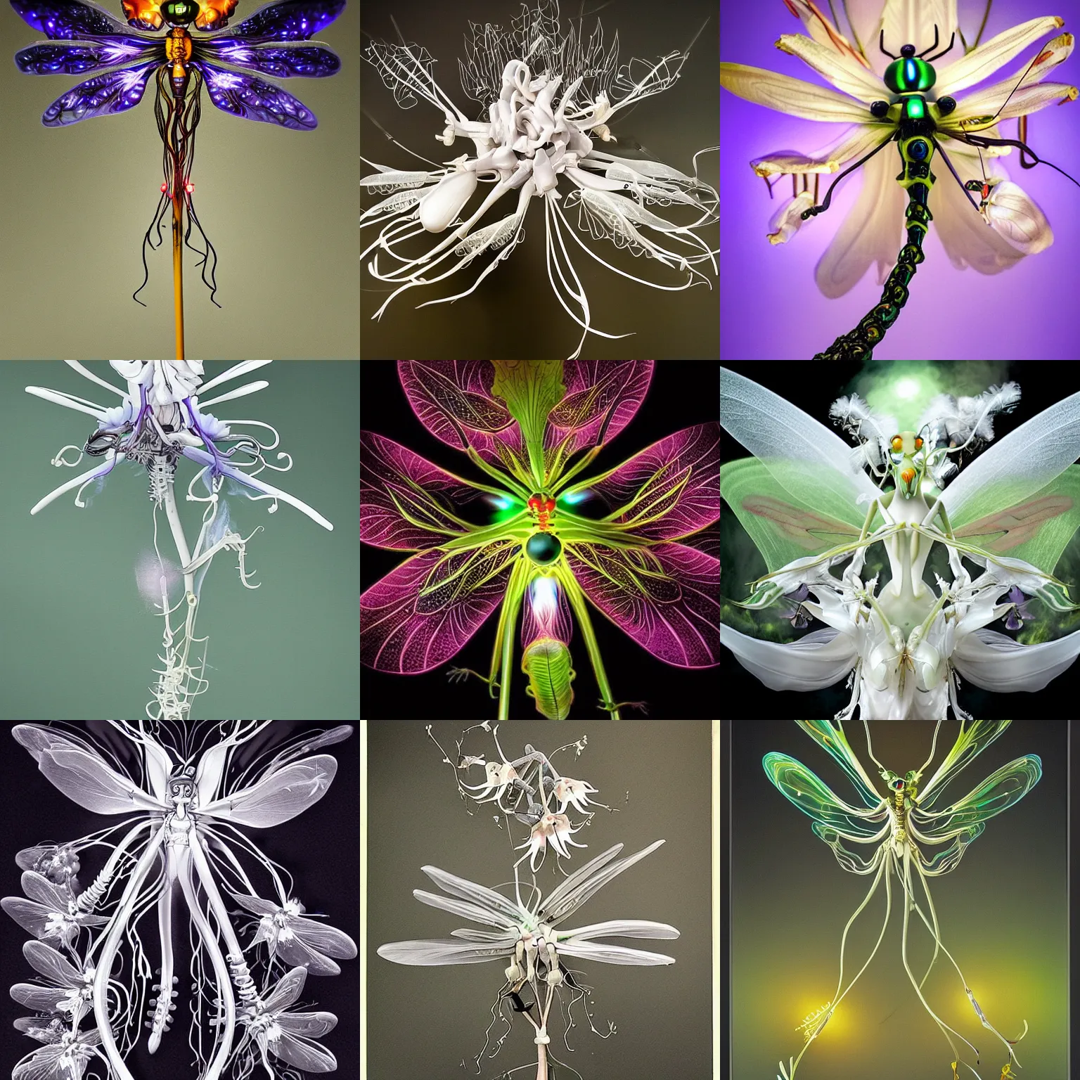 Prompt: a mechanical dragonfly as a ghost orchid flower, ultra detailed, surreal, whimsical, surrounded by black ethereal butterflies, glowing in the dark, smoke art,