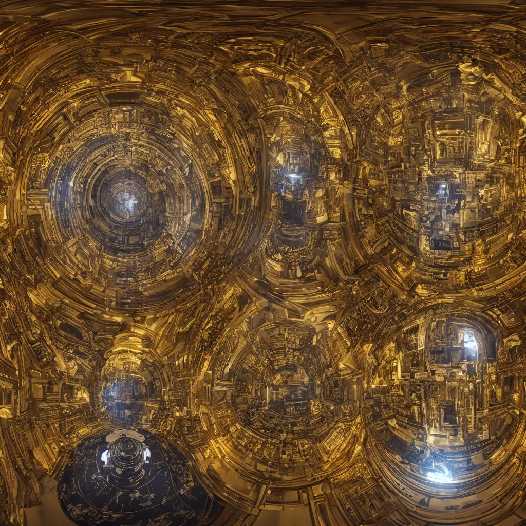 Image similar to “ a panoramic depth map of a digital neo baroque building that serves a temple for artificial intelligence gods in a sphere in the center that is glowing with gold, a human reaches out to touch it, detailed in 4 k ”