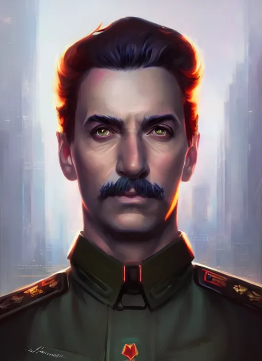 Image similar to « a portrait o cyberpunk joseph stalin, glowing eyes, a digital painting by charlie bowater, featured on cgsociety, fantasy art, behance hd, wiccan, artstation hd »