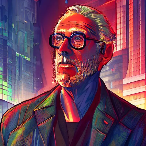 Prompt: cyberpunk john hammond as the leader of a futuristic communist nation, cybernetics, sharp lines, digital, artstation, colored in