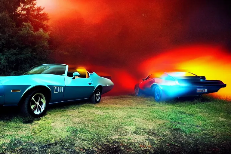 Prompt: pontiac firebird with glowing paint, sunrise, eerie light, fireflies, dramatic, cinematic, forest, sunbeams, volumetric lighting, wide shot, low angle, realistic pokemon looking at car, pokemon, creatures