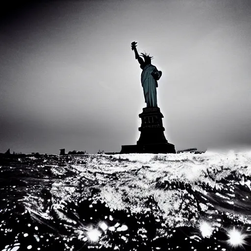 Image similar to underwater statue of liberty, aged underwater, waves above, photography, finely detailed