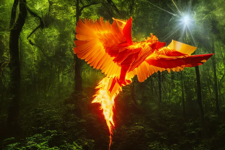 Image similar to photo of a burning phoenix origami fying over the rainforest, award-winning photograph, national geographic, wildlife, 8k UHD, lens flare