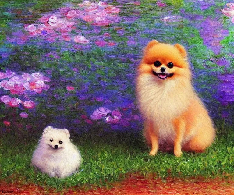 Image similar to pomeranian, cute, monet, oil painting