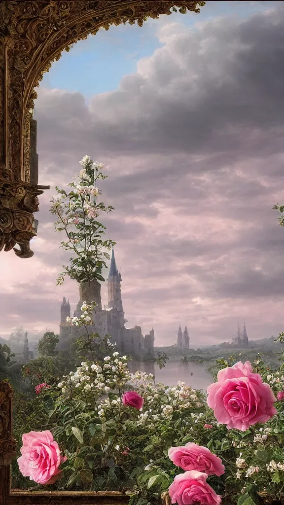 Prompt: roses, castles, pink clouds floating in the sky,, by caspar david friedrich, dslr, ray tracing reflections, insanely detailed and intricate, hypermaximalist, elegant, ornate, hyper realistic, super detailed