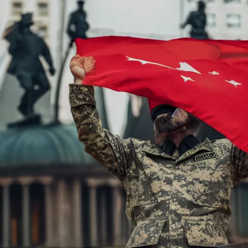 Prompt: a portrait of a socialist bear in a military uniform with a big hat, waving a red flag in Berlin, 4K realistic, hyper detailed, cinematic lighting, wow factor, award winning photo