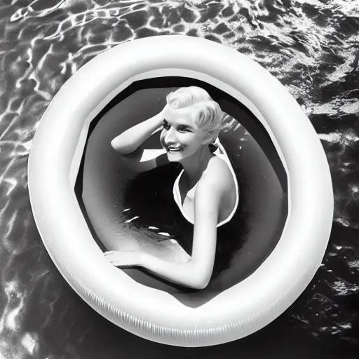 Prompt: Beautiful woman with retro blonde hair and makeup smiling and floating in a circular inflatable plastic raft, in a luxurious pool, overhead shot, fuzzy polaroid photograph, 1960s, hyperrealism