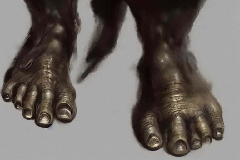 Image similar to close-up of feet of an ogre, dirty nails, concept art in style of Greg Rutkowski, painted by Frank Frazetta, trending on artstation